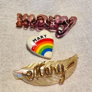 MARY Pins
Vintage Purple Bakelite, 60’s Rainbow and Mother of Pearl